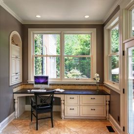 traditional home office by Mosby Building Arts - My enclosed back porch is big enough to do this. Nook Office, Office Breakfast, Traditional Home Offices, Sunroom Remodel, Craftsman Porch, Nook Design, Porch Office, Small Sunroom, Traditional Home Office