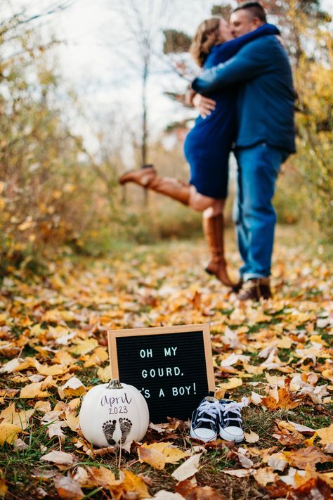 Oh my gourd, it’s a boy! Autumn gender reveal Cute Gender Reveal Picture Ideas, Pumpkin Gender Reveal Photoshoot, Fall Pregnancy Announcement Baby #2 Photoshoot Idea, Pumpkin Patch Baby Announcement, Autumn Pregnancy Announcement, Fall Pregnancy Announcement Baby #2, Pumpkin Maternity Photos, Autumn Gender Reveal, Pregnancy Reveal Photoshoot