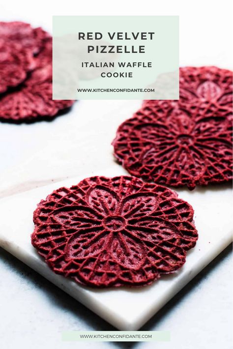 Traditional Italian waffle cookie gets a red velvet twist in this Red Velvet Pizzelle, perfect for sharing with that special someone! #pizelle #redpizelle #velvetpizelle #delicious | kitchenconfidante.com @kitchconfidante Red Velvet Pizzelle Recipe, Pizzelle Cookies Recipe, Italian Waffle Cookies, Peanut Butter Pizzelle Recipe, Colored Pizzelles, Savory Pizzelle Recipe, Best Pizzelle Recipe Italian Cookies, Flavored Pizzelles, Pizzelle Recipes