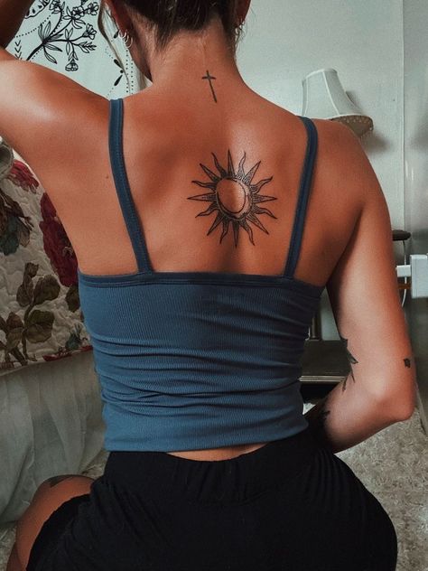 Sun Tattoo Small Back, Back Tattoo Women Sun And Moon, Moon On Back Tattoo, Back Sun Tattoo Women, Mother Sun Tattoo, Sunshine Back Tattoo, Tattoo Ideas Female Meaningful Unique Ankle, Sun And Moon Tattoo On Back, Sun And Moon Tattoo Placement