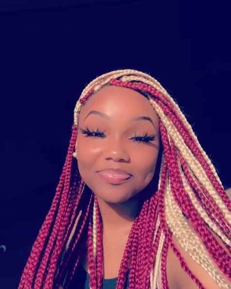 Peekaboo Pink Hair, Red And Blonde Braids, Color Box Braids, Pink Box Braids, Brown Box Braids, Blue Braids, Red Box Braids, Red And Blonde, Scalp Braids