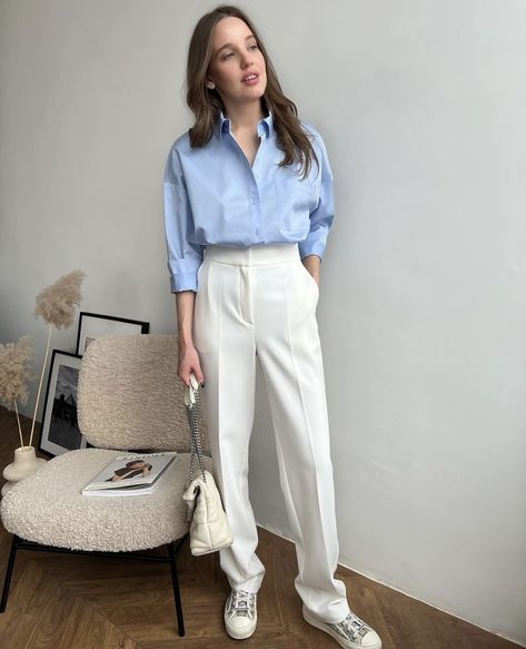 Blue Shirt White Pants Outfit Woman, Muted Blue Outfit, High Neck Outfit, Baby Blue Outfit, White Pants Outfit, Light Blue Pants, White Pants Women, Blue Outfits, Formal Wear Women