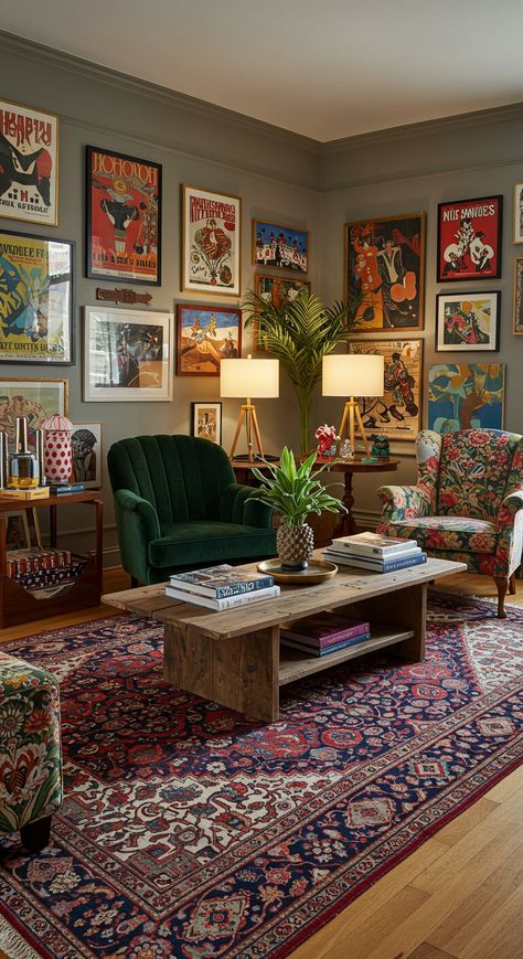 Create a vibrant living room with bold patterns, mixed textures, and unique decor pieces. Perfect for a personalized, artistic space. Pin this for your next decor update! 🎨✨ #EclecticDecor #LivingRoomInspo #HomeDecor #InteriorDesign Vibrant Living Room, Artistic Space, Eclectic Living, Eclectic Home Decor, Eclectic Living Room, Home Decor Unique, Bold Patterns, Living Room Inspo, Eclectic Home