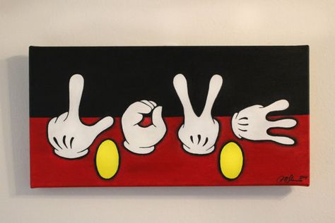 Disney's Mickey Mouse Love Hands by HapaCanvas on Etsy Prismacolour References, Painting Canvas Ideas, Mickey Mouse Love, Miki Mouse, Love Hands, Disney Canvas, Disney Paintings, Painting Canvases, Disney Decor