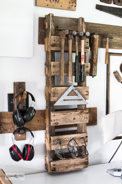 An antique tools garage workshop you can park in! - Part 4 - Funky Junk InteriorsFunky Junk Interiors Antique Tools Decor, Entrance Organization Ideas, Pallet Tool Storage, Rustic Garage Ideas, Functional Garage, Vintage Workshop, Paint Workshop, Lumber Storage Rack, Single Car Garage