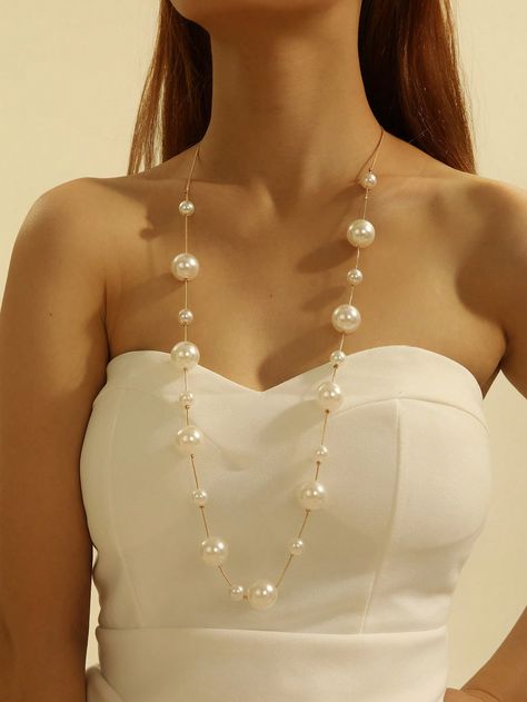 1pc European And American Popular Long Pearl Sweater Chain NecklaceI discovered amazing products on SHEIN.com, come check them out! Big Pearl Necklace, Pearl Sweater, Wedding Charm, Big Pearl, Long Necklaces, Versatile Jewelry, Gold Pearl Necklace, Sweater Chain, Watches Women Fashion