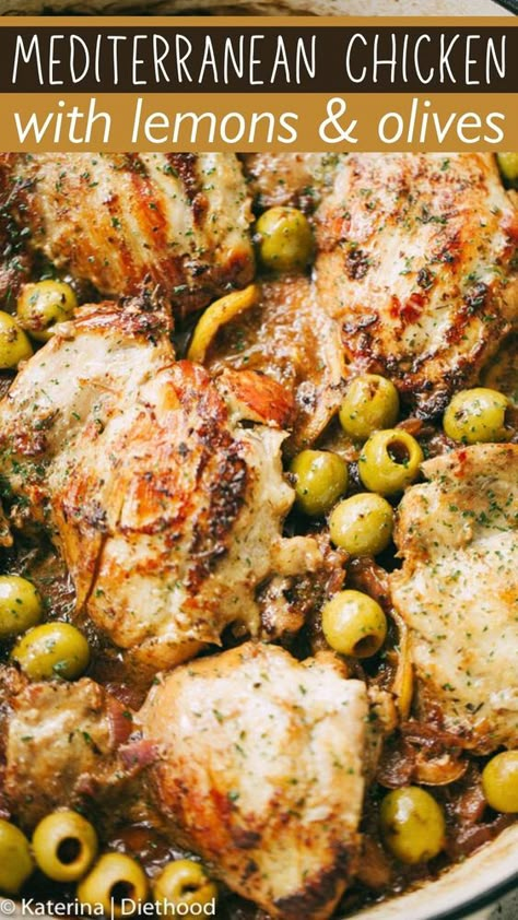 This Mediterranean Chicken is juicy, crisp chicken infused with lemon, garlic, and herbs, baked in the same pan with onions, lemons, and olives. A complete meal in a pan, ready in less than an hour! Mediterranean Chicken With Lemon And Olives, Olive And Chicken Recipes, Moroccan Lemon Olive Chicken, Mediterranean Woe Recipes, Baked Chicken With Olives, Lemon Mediterranean Chicken, Cooking With Olives, Mediterranean Diet Recipes Chicken Thighs, Baked Chicken With Lemon And Herbs