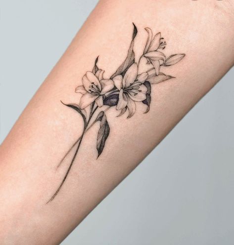 River Lily Tattoo, Lily Forearm Tattoo Women, Lily Flower Bouquet Tattoo, Lilium Flower Tattoo, Lily Forearm Tattoo, Fine Line Lily Tattoo, Lily Tattoos For Women, Lilly Flower Tattoo, Gladiolus Tattoo