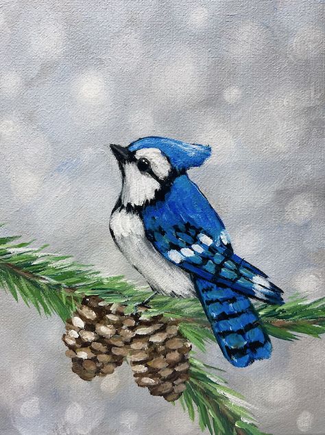 Blue Jay Art, Winter Scene Paintings, Learn Acrylic Painting, Beginners Acrylic Painting, Bird Painting Acrylic, Christmas Canvas Art, Simple Canvas Paintings, Bird Paintings, Holiday Painting