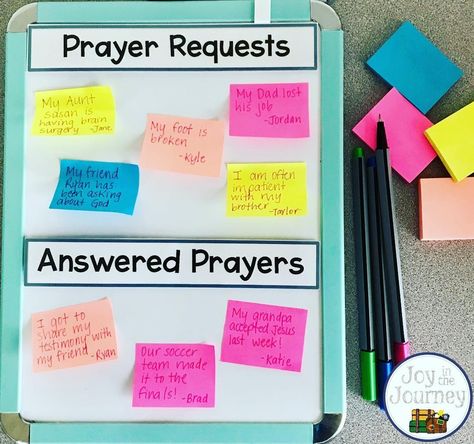 @sarajcreations posted to Instagram: Love this prayer request board in @joyinthejourney89's classroom especially the answered prayer section to help remind students that God hears us. _____________________________ One of the most important areas of my classroom was our prayer requests/answered prayers board. Students were encouraged to write prayer requests on a sticky note - they could sign their name or keep it anonymous. We prayed for these items each morning during Bible devotions. But I di Prayer Request Board, Classroom Prayer, Christian School Classroom, Sunday School Classroom Decor, Christian Classroom, School Prayer, Sunday School Classroom, Ela Classroom, Prayer Wall