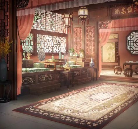 Ancient Chinese Room, Chinese Palace Interior, Traditional Chinese House, Ts4 Builds, Dojo Ideas, Chinese Interior Design, Chinese Courtyard, Chinese Palace, Chinese Background