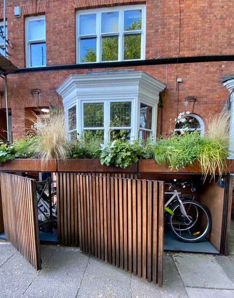 Garden Bike Storage, Bicycle Storage Shed, Outdoor Bike Storage, Bike Shelter, Outdoor Garden Storage, Backyard Storage, Back Garden Design, Garden Storage Shed, Bike Shed