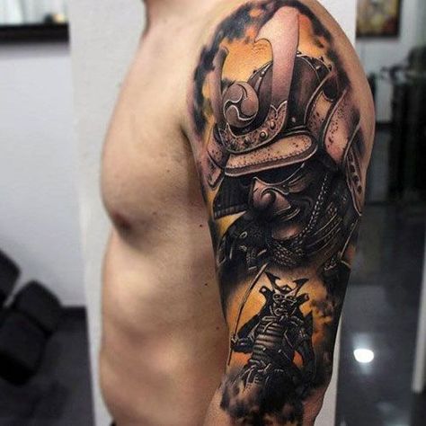 The 70 Best Samurai Tattoos for Men | Improb 3d Tattoo Designs, Tattoos Arm Mann, Samurai Mask Tattoo, Samurai Tattoo Sleeve, Family First Tattoo, Samurai Warrior Tattoo, Cool Half Sleeve Tattoos, Cool Shoulder Tattoos, Samurai Mask