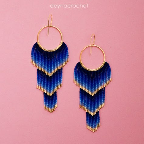 Art Deco Beaded Earrings, Gold Beaded Earrings, Anting Manik, Blue Beaded Earrings, Gold Bead Earrings, Stitch Earrings, Beaded Earrings Tutorials, Beadwork Designs, Beaded Earrings Diy