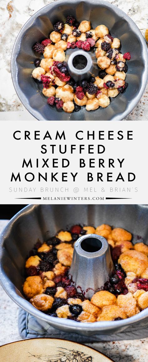 Cream Cheese Stuffed Mixed Berry Monkey Bread — MELANIEWINTERS Cream Cheese Monkey Bread Recipe, Mixed Berry Cinnamon Rolls, Cream Cheese Monkey Bread, Country Meals, Bread Desserts, Stuffed Breads, Thanksgiving Bread, Easy Monkey Bread, Cinnamon Roll Monkey Bread