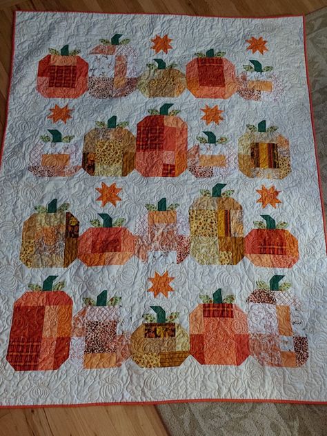 Just finished this quilt, pattern is called Hocus Pocus. Quilted a pumpkin design on it, so pleased with how it came out! Hocus Pocus Quilt Pattern, Hocus Pocus Quilt, Pumpkin Quilts, Quilted Crafts, Quilt Halloween, Pumpkin Quilt, Autumn Quilts, Autumn Quilt, Bee Quilt