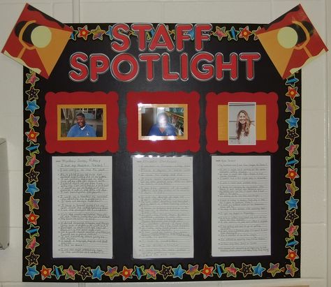 Staff Spotlight Board - 20 Things You Need to Know About Me Staff Highlight Board, Staff Spotlight Bulletin Board, Employee Spotlight Board Ideas, Spotlight Bulletin Board, Teacher Spotlight, Staff Spotlight, Employee Spotlight, Office Bulletin Boards, Door Bulletin Boards