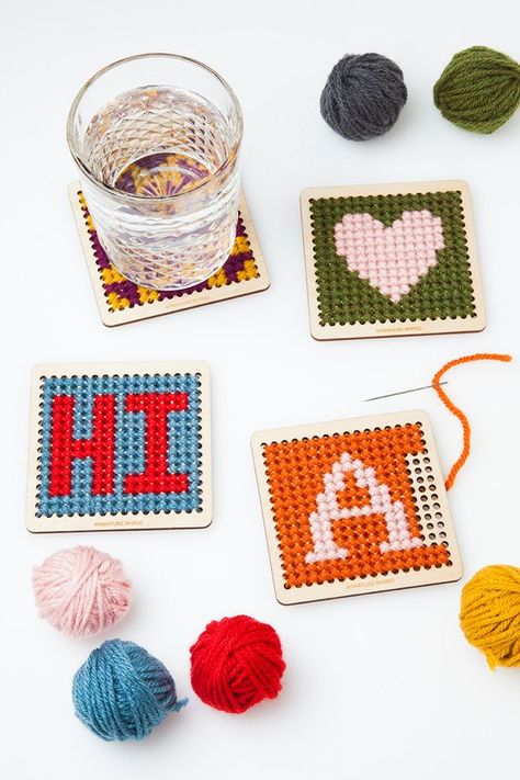 cross stitch coaster sets (cute stocking stuffer!!) Cross Stitch Coasters, Diy Cross, Do It Yourself Crafts, Monogram Alphabet, Cadeau Diy, Diy Cross Stitch, Pattern Embroidery, Crafts For Kids To Make, Embroidery Kit