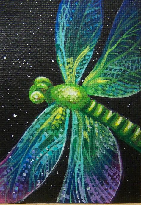 Dragonfly Portrait 2017, 2.5"x3.5", original painting on canvas #art #ACEO #martinmark #electricpineappleart #ooak #painting #acrylic Dragonfly Painting Ideas, Dragon Fly Painting Acrylics, Dragonfly Painting Acrylic Easy, Dragonfly Painting Acrylic, Dragon Fly Painting, Ideas For Art Projects, Dragonfly Paintings, Yoga Art Painting, Pillow Painting