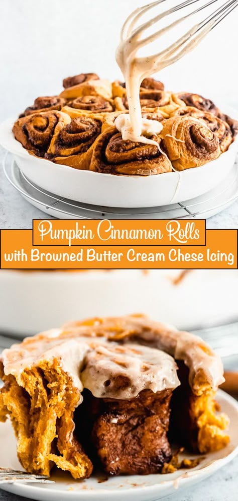 Soft and fluffy Pumpkin Cinnamon Rolls are filled with a gooey cinnamon/pumpkin spice brown sugar filling and topped with a yummy browned butter cream cheese icing! These are a MUST add to your fall baking list! via. queensleeappetit.com #cinnamonrolls #cinnamonbuns #pumpkin #pumpkinspice #pumpkinrecipes #breakfast #easy Pumpkin Cinnamon Rolls In Bread Machine, Brown Butter Pumpkin Cinnamon Rolls, Pumpkin Butter Cinnamon Rolls, Pumpkin Brioche Cinnamon Rolls, Pumpkin Cinamonroll, Butter Cream Cheese Icing, Gourmet Cupcake Recipes, Gourmet Cupcake, Cinnamon Roll Icing