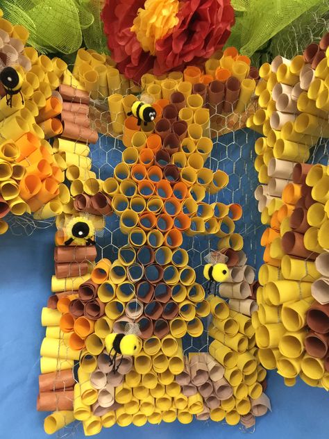 Save The Bees Project, Paper Mache Bee Hive, Paper Mache Bee, Giant Bugs Diy, Bee Display, Draw A Hexagon, Bee Project, Bee Themed Classroom, Bee Activities