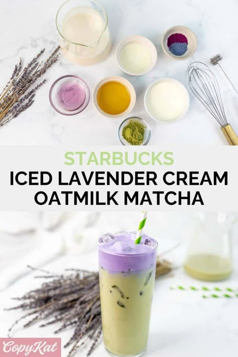 Starbucks Iced Lavender Cream Oatmilk Matcha is a deliciously refreshing and creamy tea drink with floral notes. Matcha is combined with oat milk, poured over ice, and topped with lavender cold foam. Get the easy copycat recipe and find out how to make an iced matcha latte with lavender cold foam like Starbucks. Iced Lavender Cream Oat Milk Matcha, Barista Recipes, Iced Matcha Recipe, Holidays Appetizers, Lavender Latte Recipe, Lavender Drink, Matcha Drink Recipes, Summer Mocktail, Matcha Tea Latte