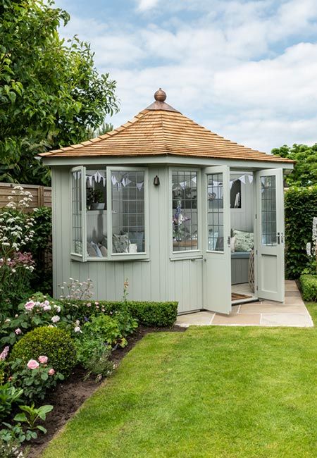 Garden Summer House, Corner Shed, Summerhouse Ideas, Small Garden Summer House Ideas, Corner Summer House Interior, Summerhouse With Veranda, Summer House Ideas, Garden Summer House Ideas, Composite Summer House