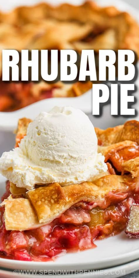 Make a sweet and simple dessert for dinner tonight with this rhubarb pie recipe. Made with premade or homemade pastry pie crust and some rhubarb pie filling, this pie is so easy to make. Cooked in the oven until the crust is golden and crispy, it will be hard to eat just one piece. Drizzle it with some sweet strawberry sauce or serve with a dollop of ice cream. #rhubarbpie #spendwithpennies #easyrecipe #bestrhubarbpierecipe