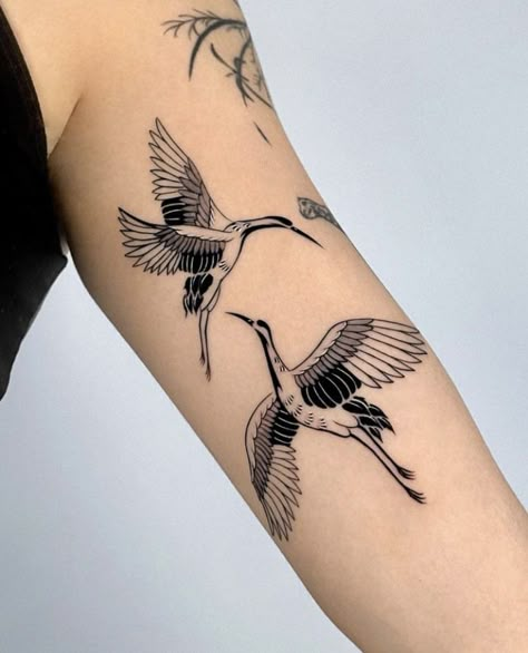 Heron Tattoo, Crane Tattoo, Fineline Tattoo, Pieces Tattoo, Tasteful Tattoos, Tatuaje A Color, Asian Tattoos, Blossom Tattoo, Dainty Tattoos