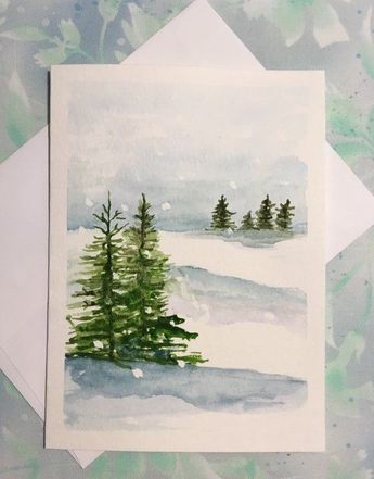 422281209828675-pin-image A watercolor painting of a snowy landscape with pine trees. | Sky Rye Design Water Colored Christmas Cards, Watercolour Pencil Christmas Cards, Christmas Scene Watercolor, Christmas Cards Handmade Watercolor Winter Scenes, Watercolor Christmas Art For Kids, Watercolour Painting Christmas, Easy Winter Watercolor Paintings, Snowy Landscape Watercolor, Minimalist Christmas Card Diy