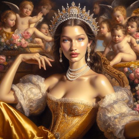 Medieval Queen Art, Old Queen Painting, Old Queen Fantasy Art, Princess Realistic Art, Royal Portraits Painting Queen, Daeron Targaryen, Baroque Crown, Art Breeder, Fantasy Queen