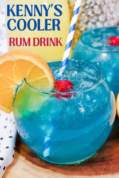 Delicious Kenny's Cooler rum cocktail recipe - beautiful blue color that tastes like a tropical paradise vacation. Rum drink right off the Texas Roadhouse menu that you can make at home. Blueberry Rum Drinks, Cocktail Recipes With Blue Curacao, Blue Caraco Drinks Cocktail Recipes, Blue Curacao Cocktails, Rum Drinks Easy Cocktails, Blue Chair Bay Rum Recipes, Drinks With Blue Curacao, Texas Roadhouse Menu, Best Rum Cocktails