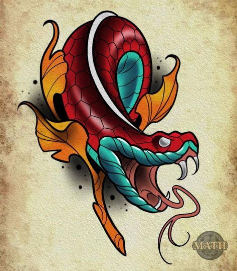 Neo Traditional Snake Tattoo Design, Neotraditional Small Tattoo, Traditional Colored Tattoos, Newschool Tattoos Design, Neo Trad Japanese Tattoo, Neotraditional Dragon Tattoo, New School Japanese Tattoo Designs, Traditional Tattoo Art Color, Neo Trad Snake