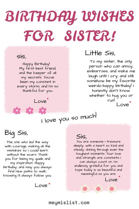 Celebrate your sister’s special day with heartfelt birthday wishes! Whether it’s for your little sis or big sister, these happy birthday messages are perfect for showing your love. Explore sweet quotes and thoughtful wishes to say "Happy Birthday to my sister" in the most loving way. Make her day extra special! Happy Sister Day Wishes, Happy Birthday Sister Messages, Blessed Birthday Wishes, Happy Birthday To My Sister, Birthday Messages For Sister, Happy Birthday Captions, Sweet Birthday Messages, Blessed Birthday, Heartfelt Birthday Wishes