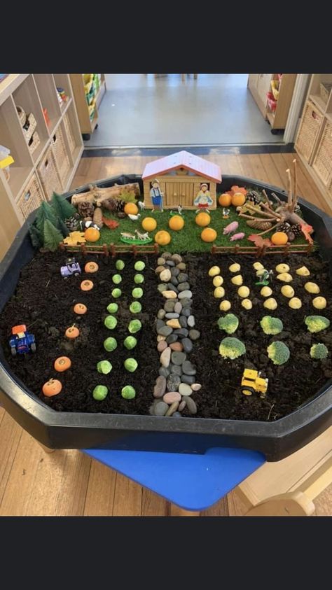 Oliver’s Vegetables Tuff Tray, Oliver’s Vegetables Eyfs, Vegetables Eyfs, Olivers Vegetables, Eyfs Autumn, Farm Week, Vegtable Garden, Farm Theme Preschool, Nursery Classroom