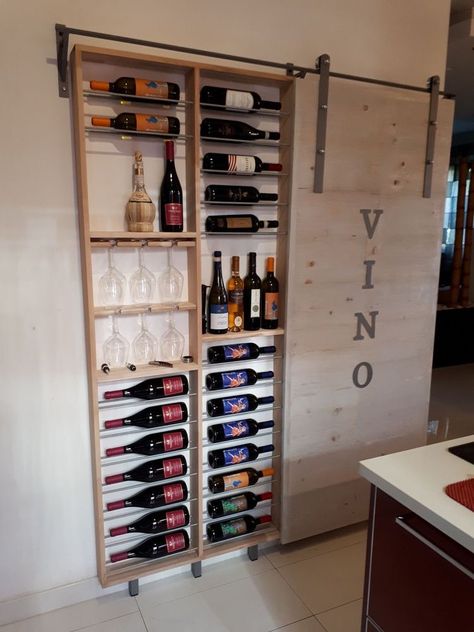 Sliding Door Diy, Home Wine Bar, Koti Diy, Diy Sliding Door, Home Wine Cellars, Door Diy, Home Bar Designs, Diy Storage Cabinets, Diy Cardboard Furniture