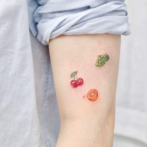 Tattoo uploaded by Tattoodo • Tattoo by Nemo Tattoo #NemoTattoo #foodtattoos #food #foodporn #realistic #realism #hyperrealism #color #grapes #cherry #cherries #orange #fruit #tiny #small • 700530 • Tattoodo Fruit Salad Tattoo, Tattoo Fruit, Fruit Tattoos, Nemo Tattoo, Fruit Tattoo, Cherry Tattoos, Food Tattoos, Kawaii Tattoo, Cute Tiny Tattoos