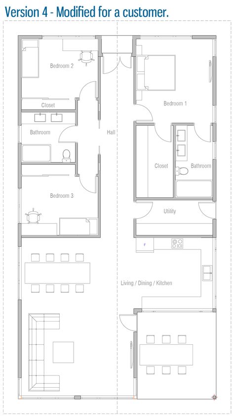 house design house-plan-ch566 20 4 Bedroom Tiny Home Floor Plans, Beech Forest, Casita Ideas, Narrow House Plans, Three Bedroom House Plan, One Storey House, Floor Plans Ranch, Bungalow Floor Plans, Small House Floor Plans