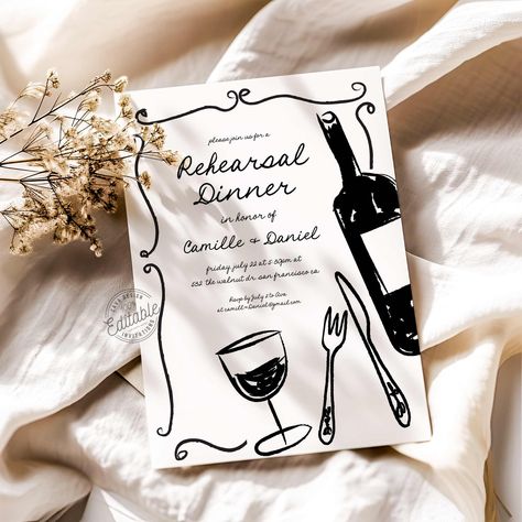 Rehearsal Dinner Invite Template, Whimsical Hand Drawn Invite 𝗔𝗟𝗟 𝗘𝗗𝗜𝗧𝗜𝗡𝗚 𝗔𝗡𝗗 𝗣𝗥𝗜𝗡𝗧𝗜𝗡𝗚 𝗔𝗥𝗘 𝗗𝗢𝗡𝗘 𝗕𝗬 𝗧𝗛𝗘 𝗖𝗨𝗦𝗧𝗢𝗠𝗘𝗥 The listing Includes a 5"x7" Editable Invitation ✔ 𝗠𝗔𝗧𝗖𝗛𝗜𝗡𝗚 𝗜𝗧𝗘𝗠𝗦:  https://etsy.me/49fwxca 😊𝗧𝗥𝗬 𝗕𝗘𝗙𝗢𝗥𝗘 𝗬𝗢𝗨 𝗕𝗨𝗬:   https://www.corjl.com/d/35JI6D ✔ WHAT YOU CAN CUSTOMIZE:  ♥ ALL lettering and artwork is Editable ( COLOR AND FONT STYLE) ♥ Artwork is editable and moveable. ♥ Background color is Editable 𝗛𝗢𝗪 𝗜𝗧 𝗪 Welcome Dinner Invitation, Elopement Dinner Invitation, Wine And Dine Invitation, Cocktail Night Invite, Post Wedding Dinner Invitation, Rehearsal Dinner Ideas, Rehearsal Dinner Themes, Rehearsal Dinner Invite, Engagement Dinner