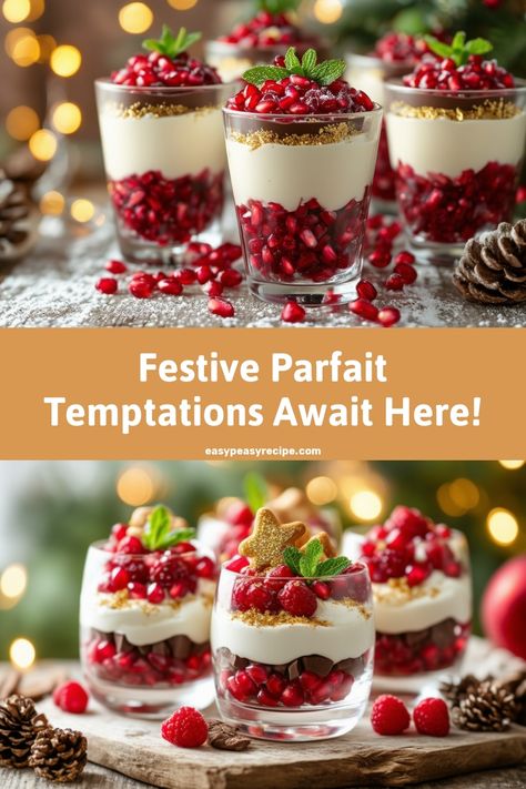 Festive Christmas parfaits layered with cream, pomegranate seeds, and garnished with mint leaves, surrounded by pinecones and holiday lights. Holiday Parfait Desserts, Christmas Parfait Desserts, Christmas Parfait, Quick Sweets, Chocolate Parfait, Flavored Whipped Cream, Raspberry Coulis, Parfait Desserts, Brownie Cups