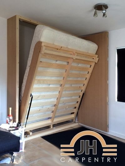 Custom Fold Down Bed | JH Carpentry Fold Down Bed, Murphy Bed Frame, Downloadable Woodworking Plans, Fold Up Beds, Fold Down Beds, Murphy Bed Desk, Murphy Wall Beds, Diy Stool, Murphy Bed Diy