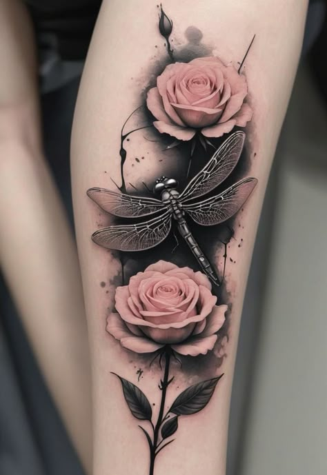 Roses And Dragonfly Tattoos, Women Tattoo Sleeve Ideas Unique, Goth Tattoos For Women, Dragonfly Tattoos For Women, Message Tattoo, Perfect Tattoo Ideas, Flowers For Tattoos, Tattoo On Ankle, Colorful Sleeve Tattoos