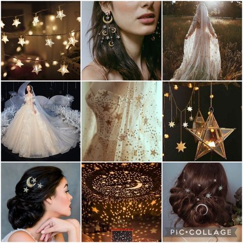 Celestial wedding theme Rustic Celestial Wedding, Final Fantasy Wedding Theme, Acotar Themed Wedding, Whimsical Wedding Theme Romantic, Celestial Masquerade, Acotar Wedding Theme, Vintage Celestial Wedding, Space Wedding Theme, Moody Celestial