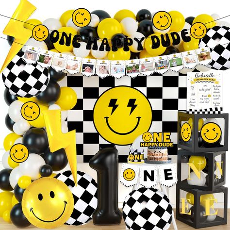 PRICES MAY VARY. 🙂 CHEERFUL HAPPY ONE DUDE BIRTHDAY PARTY – Your kid is one year old. Let's celebrate the first birthday with a cheerful party. With black and white checkered, bright yellow, happy faces, and lightning, happy one dude theme will light up the celebration ceremony. Have fun and make unforgettable memories on this special day! 🏁 ONE HAPPY DUDE BIRTHDAY DECORATIONS INCLUDES - 75 x 12’’ latex balloons | 30 x 5’’ latex balloons | 8 x foil balloons | 10 x cutouts | 1 x backdrop | 3 x Four Ever Young Party Theme Boy, 9th Birthday Theme, Party Decor Backdrop, Backdrop Balloon Garland, Third Birthday Boys, Dude Birthday Party, One Happy Dude Birthday, Dude Birthday, One Cool Dude