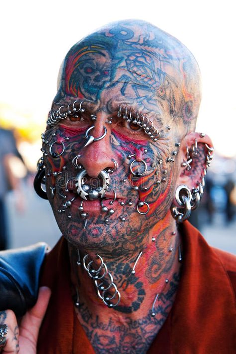 Face with tattoos and piercings. Portrait of famous Dennis Lang with his face fu , #Ad, #piercings, #Portrait, #Face, #tattoos, #famous #ad Strong Woman Tattoos, Grunge Tattoo, Unique People, Tattoo Fails, Red Ink Tattoos, Facial Piercings, Face Tattoos, Body Modification, Face Tattoo