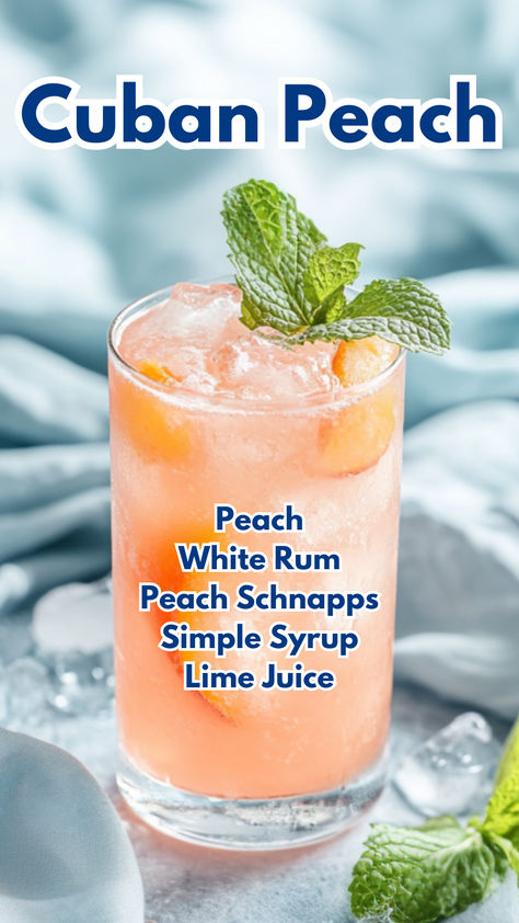 Cuban Peach White Peach Cocktail, Rum Recipes Drinks, Peach Mixed Drinks, Tropical Party Drinks, Healthiest Alcoholic Drinks, Peach Rum, Bartender Drinks Recipes, Ann Louise, Bartender Drinks