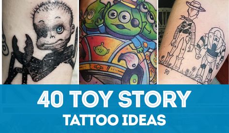 Huge list of ideas for Toy Story tattoo designs. Get inspired! Toy Story has become a popular tattoo theme for Disney fans. Woody Tattoo Toy Story, Slinky Dog Tattoo, Toy Story Tattoo Ideas, Toy Story Tattoos, Snow White Tattoos, Toy Story Tattoo, Story Tattoo, Toy Story Movie, Tattoo Themes