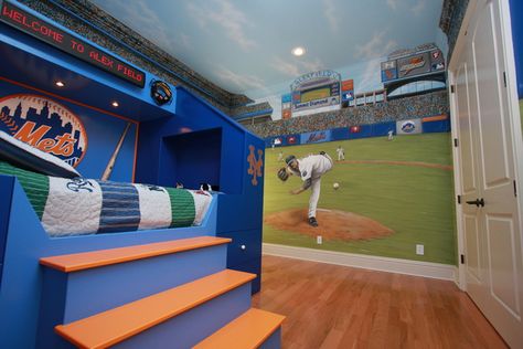 Baseball themed room and stadium complete with custom made dugout bed! Vintage Baseball Room, Baseball Bed, Baseball Themed Bedroom, Cool Boys Bedroom Ideas, Baseball Theme Room, Kids Sports Room, Baseball Bedroom, Baseball Room, Sports Room