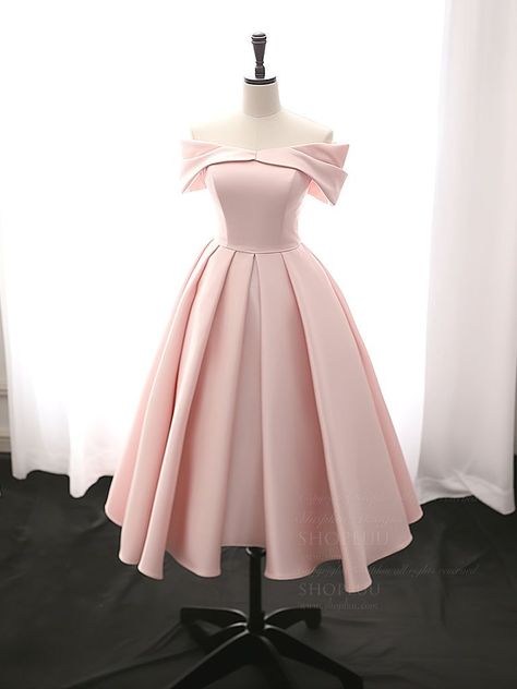 Silk Bow Dress, Cute Pink Dress Aesthetic, Cosette Aesthetic, Pink Dress Homecoming, Graduation Dress Pink, Cute Pink Dresses, Pink Dress Elegant, Satin Pink Dress, Tea Length Formal Dresses