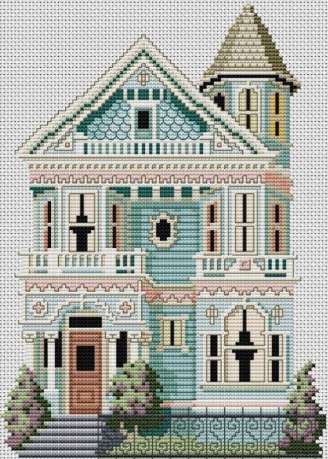 Victorian Cross Stitch, House Victorian, Cross Stitch House, Cross Stitch Freebies, Pola Kristik, Needlepoint Stitches, Card Pattern, A Cross, Plastic Canvas Patterns